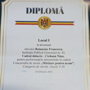 Felicitări elevei Botnariuc Francesca pentru Locul I obținut la concursul „Mărțișor pentru neam”!